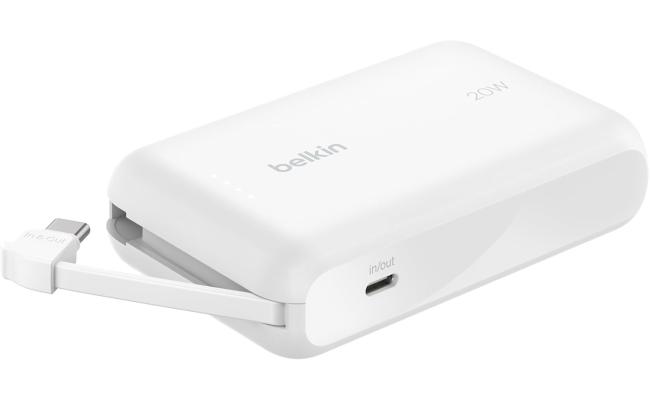Belkin BoostCharge power bank 10000mAh, portable power bank with integrated cable PD 20W, fast charge USB-C power delivery, power bank fast charging for iPhone 16 series, iPad Pro, Galaxy S24 and more - White